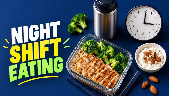 Meal-prep container of grilled chicken, brown rice and broccoli beside a thermos, a clock at 3 o'clock and a bowl of cottage cheese with almonds, with the headline NIGHT SHIFT EATING