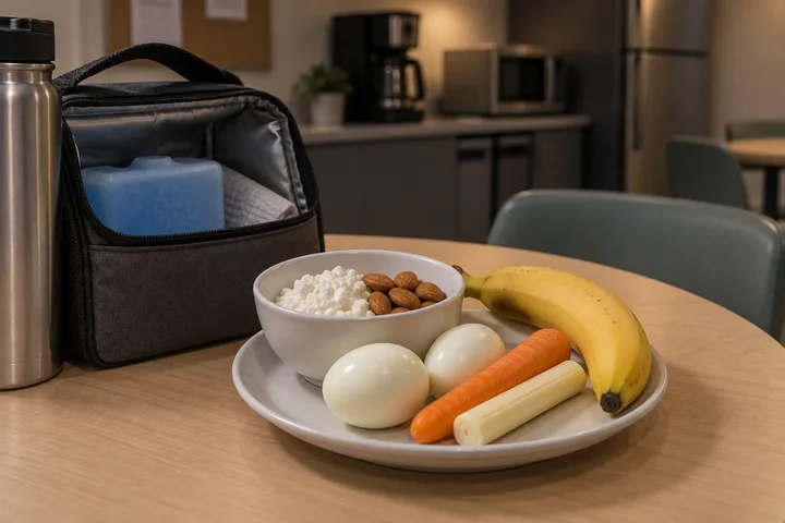 Bowl of cottage cheese with almonds on a plate with two hard-boiled eggs, a carrot, string cheese and a banana, beside an insulated lunch bag on a break room table