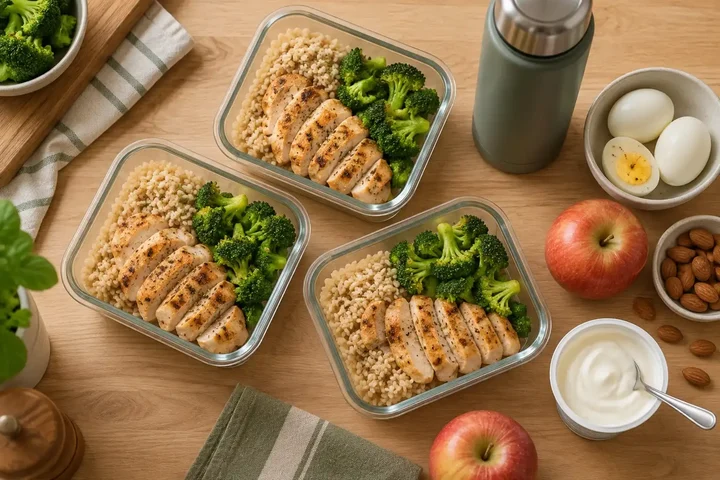 Three glass containers of grilled chicken, brown rice and broccoli beside a thermos, boiled eggs, apples, almonds and a Greek yogurt cup