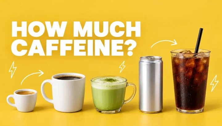 How much caffeine headline above an espresso cup, a mug of black coffee, a matcha latte, a plain silver energy drink can and a tall iced cold brew lined up by size