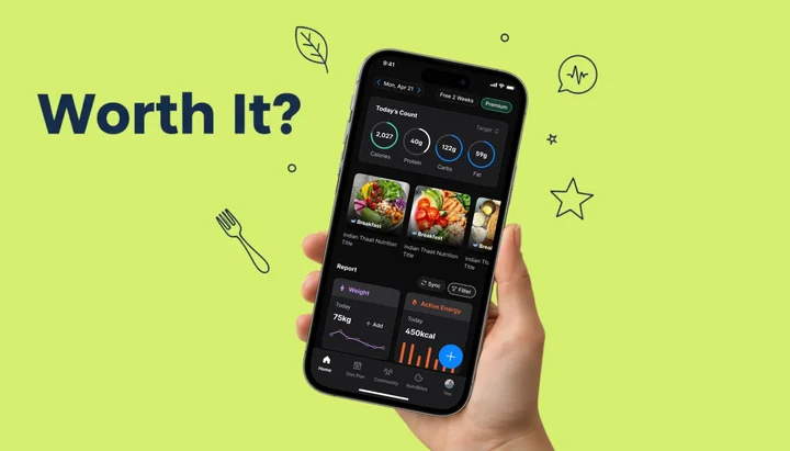 NutriScan Premium review showing AI meal scanning, 28-day diet plan, and Monika voice nutritionist on a smartphone
