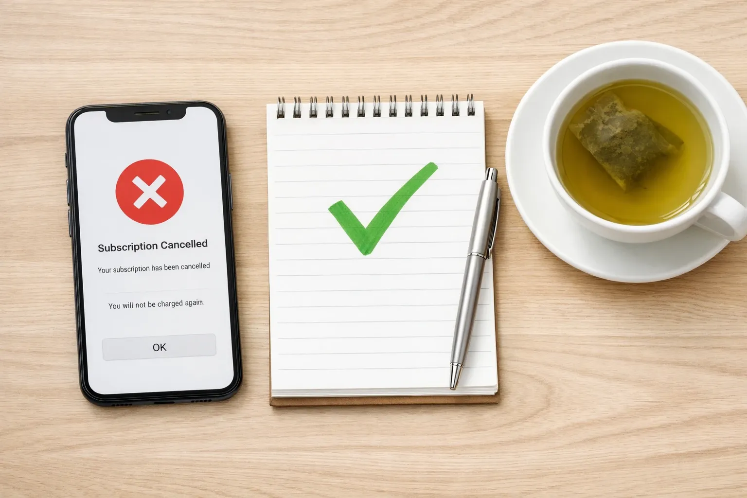 Smartphone next to a notepad with checklist and green tea on light wood desk
