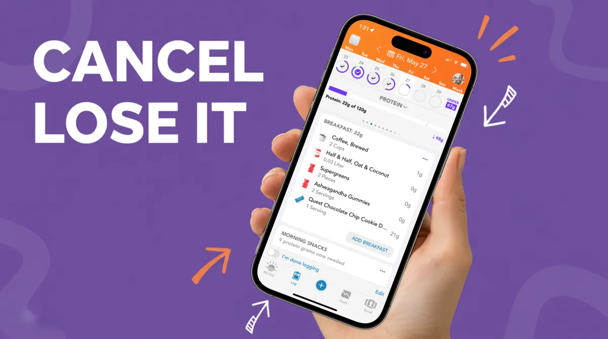 Smartphone showing subscription settings screen next to a healthy salad bowl on a clean white desk