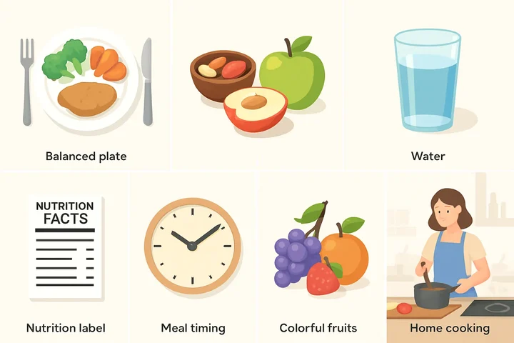 Seven actionable tips for blood sugar management illustrated with food examples