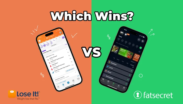 Lose It and FatSecret apps compared side by side on smartphones with healthy meal in background