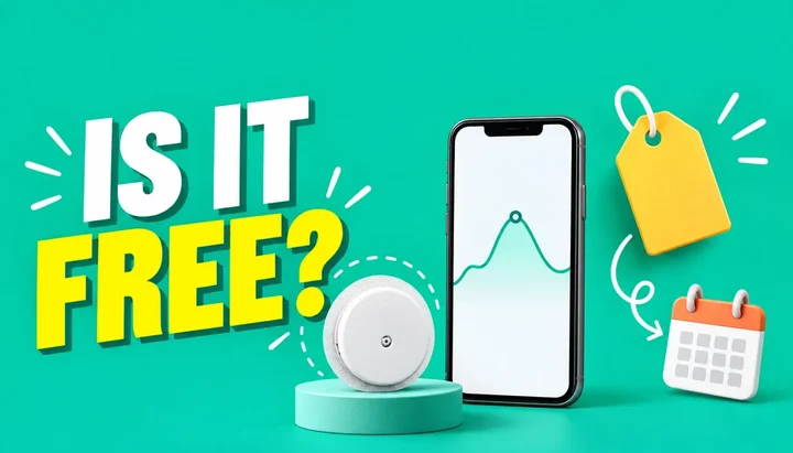 Is Signos free headline next to a round glucose sensor, a blank price tag and a phone showing a glucose curve, illustrating Signos plan prices and refund rules