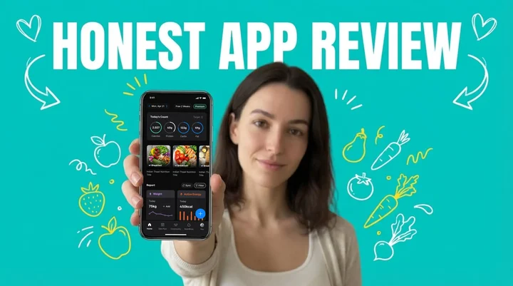 Smartphone displaying nutrition app on kitchen countertop with healthy food items representing modern AI-powered meal tracking