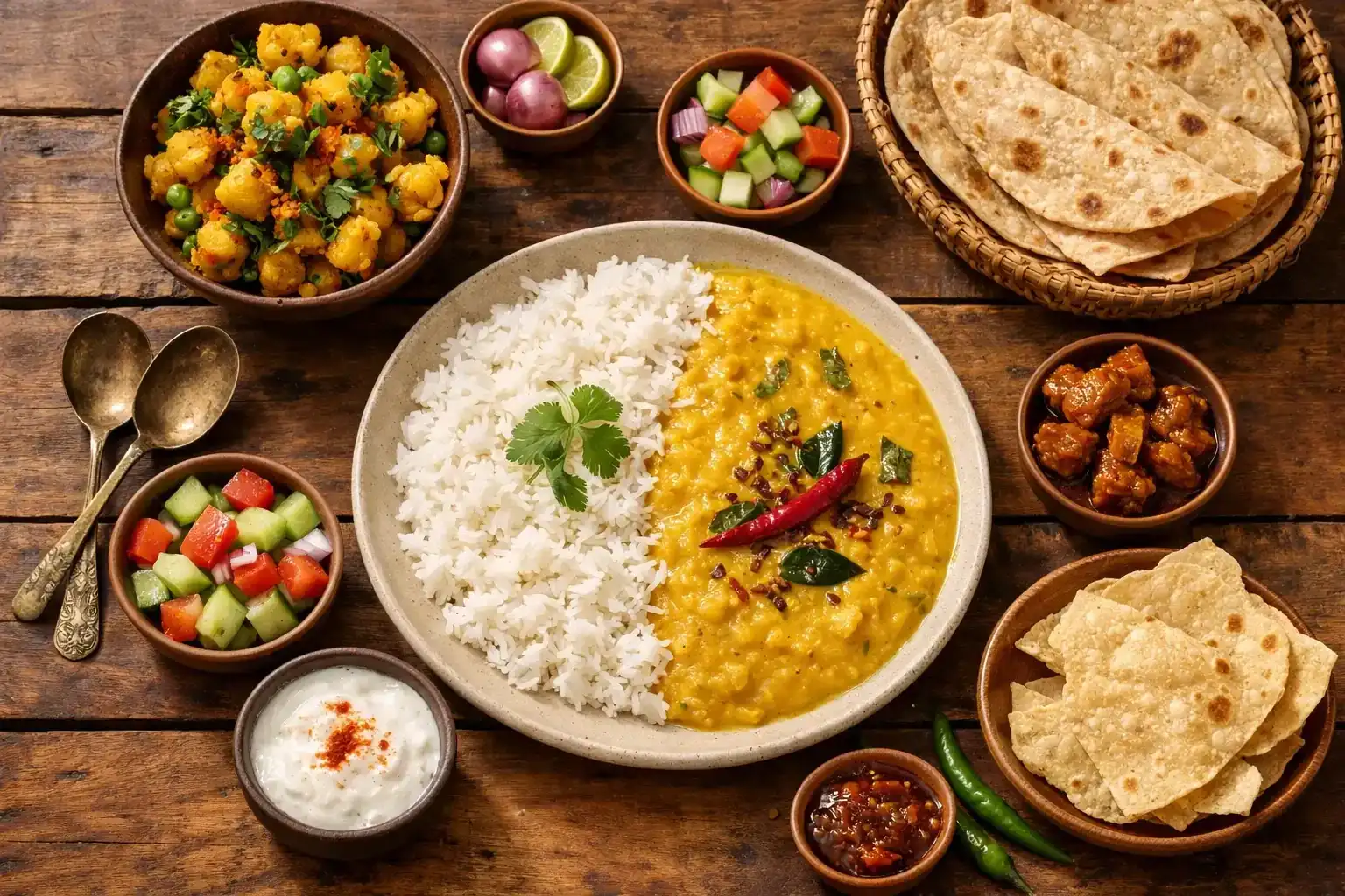 Colorful Indian meal spread on wooden table with dal rice and vegetables