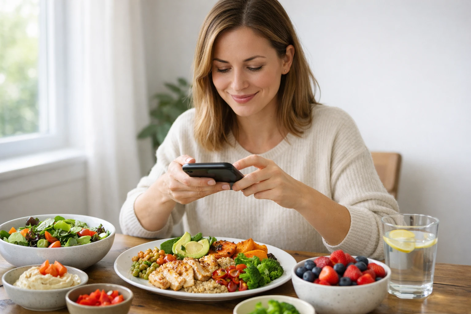 Person scanning a colorful healthy meal with their smartphone at dining table