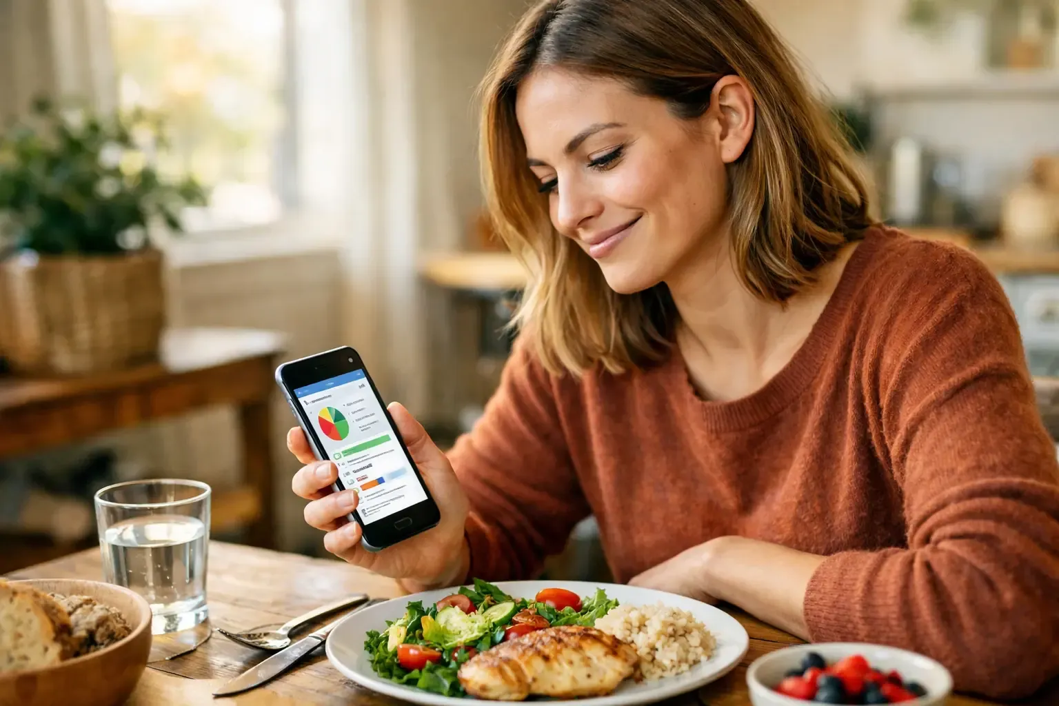 Woman looking at smartphone nutrition tracking results while sitting at a meal