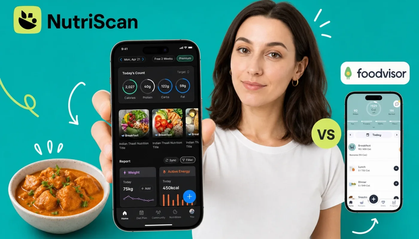 Two smartphones side by side with food photo scanning apps open, healthy Indian meal between them