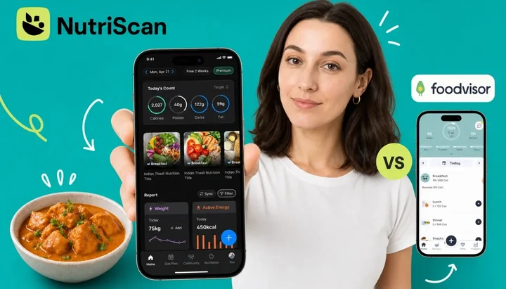 Two smartphones side by side with food photo scanning apps open, healthy Indian meal between them