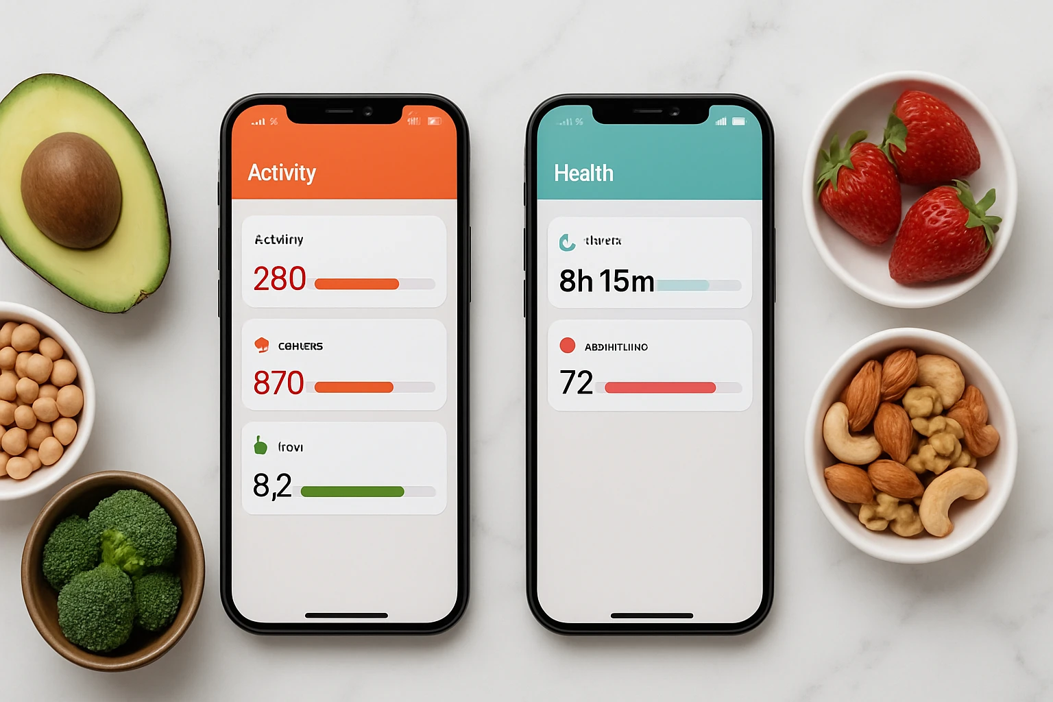 Two smartphones side by side showing health tracking apps with healthy foods and a notebook on a white surface, representing the choice between nutrition tracking apps