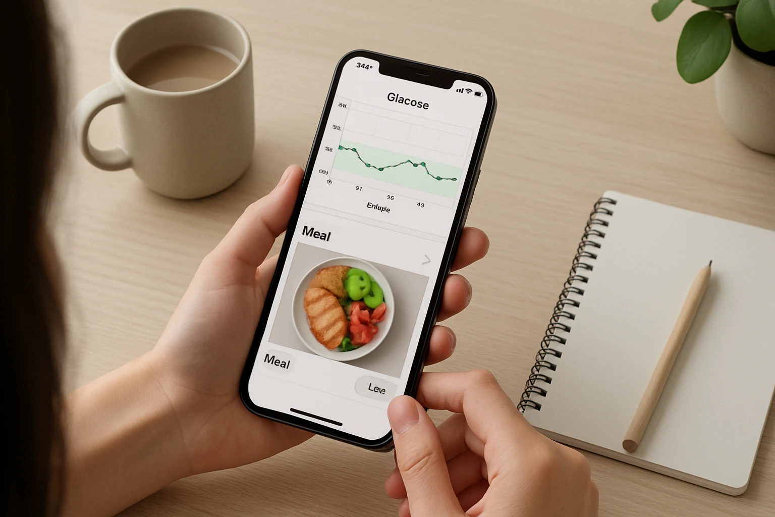 Person using a phone health app to log glucose readings and meal data, showing integrated diabetes and nutrition tracking on a clean desk