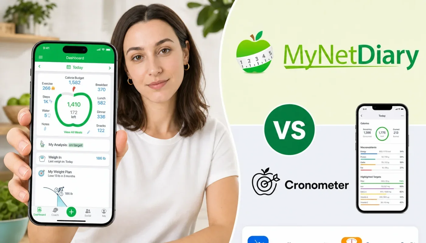Two nutrition tracking apps side by side on a phone screen, representing MyNetDiary vs Cronometer comparison 2026