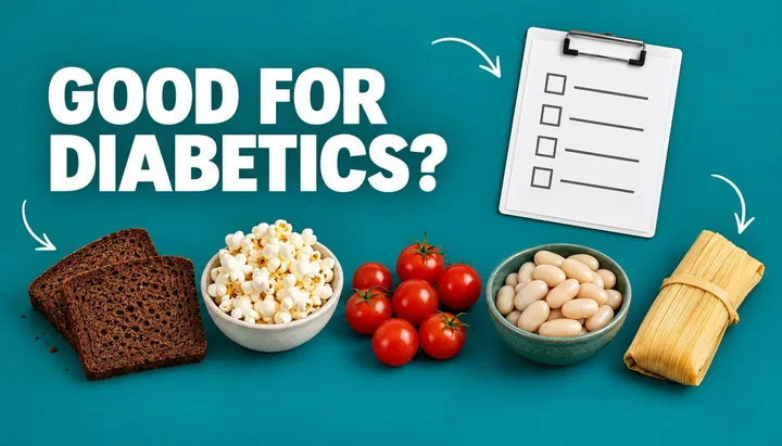 Good for diabetics headline beside a checklist clipboard and a row of pumpernickel bread, popcorn, cherry tomatoes, butter beans and a tamale