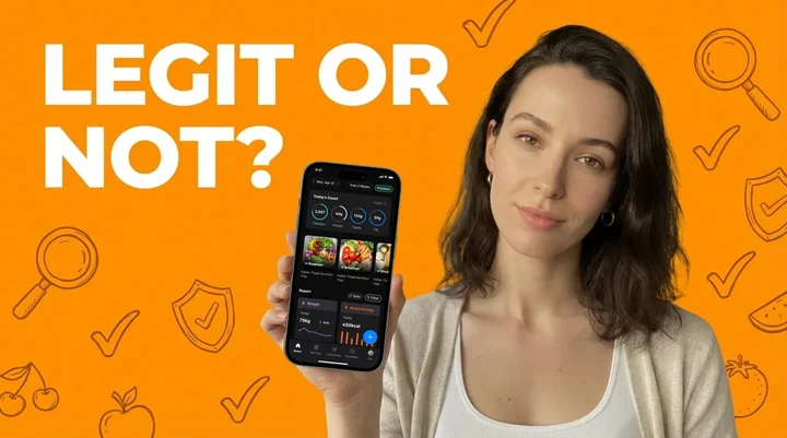 Smartphone displaying nutrition app on wooden desk surrounded by healthy foods representing trustworthy health technology