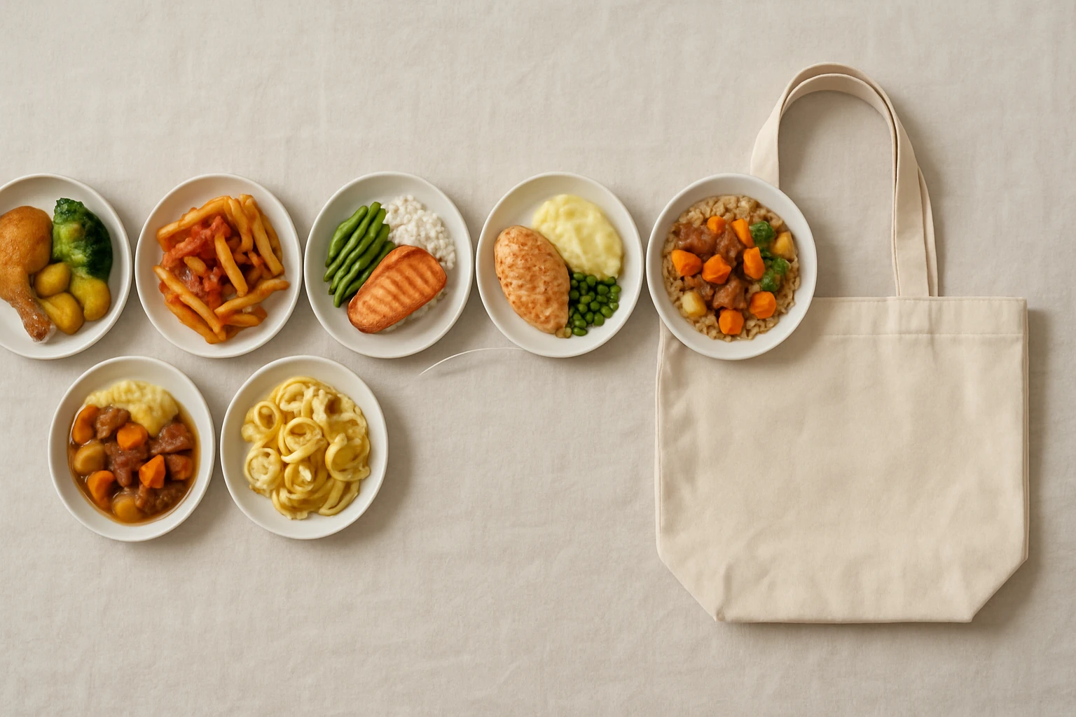 Seven simple home cooked dinners laid out in a row beside a folded shopping bag, representing one planned week