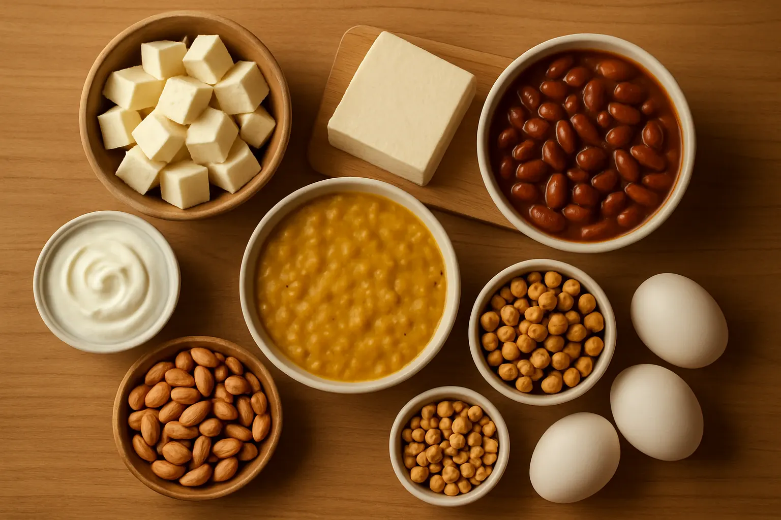 Indian vegetarian protein foods flatlay showing paneer, tofu, dal, rajma, Greek yogurt and nuts