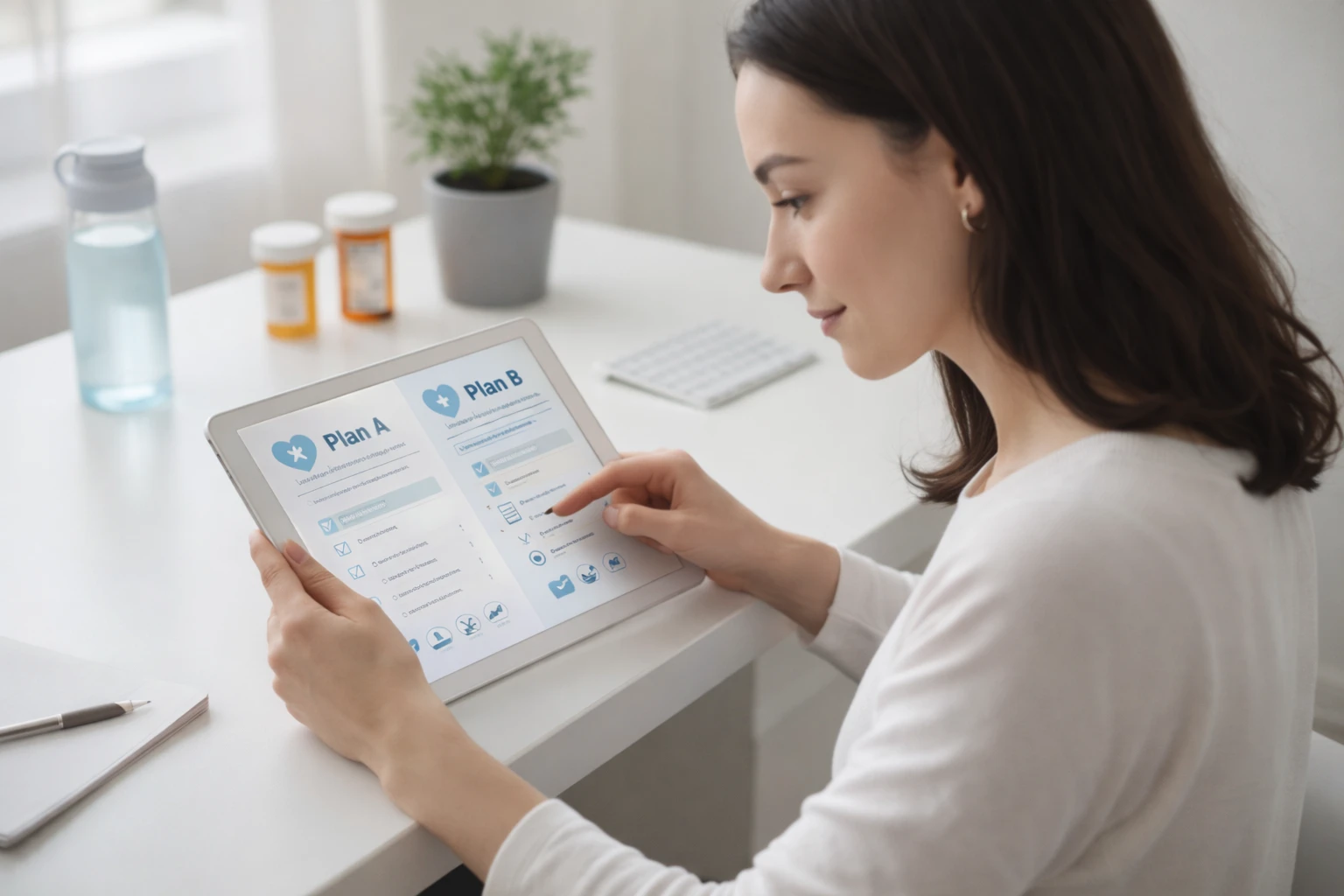 Person comparing health plans on a tablet at a clean white desk