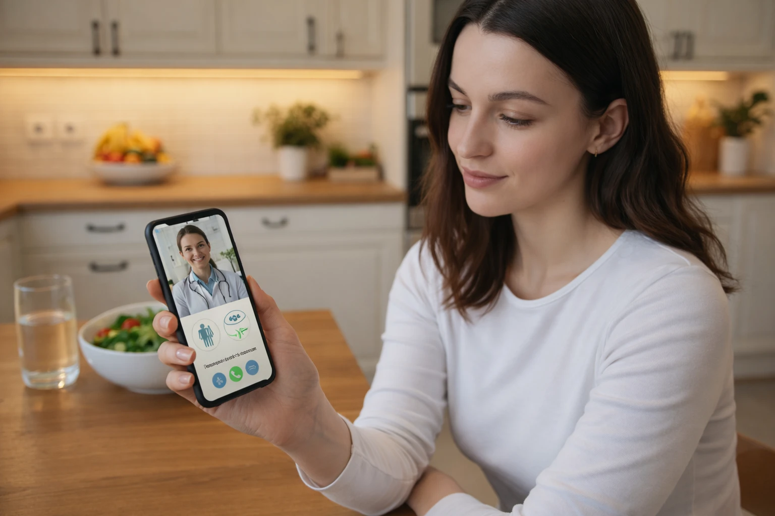 Person checking telehealth weight loss app on phone in a modern kitchen