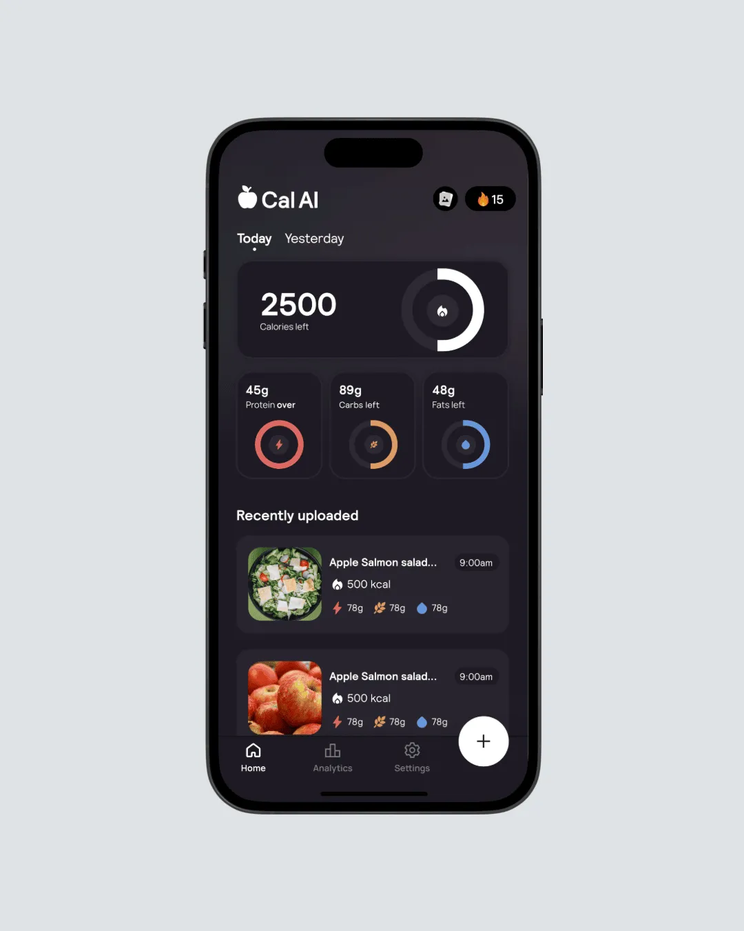 Cal AI app interface displaying instant meal analysis with quick scanning results and macro tracking features