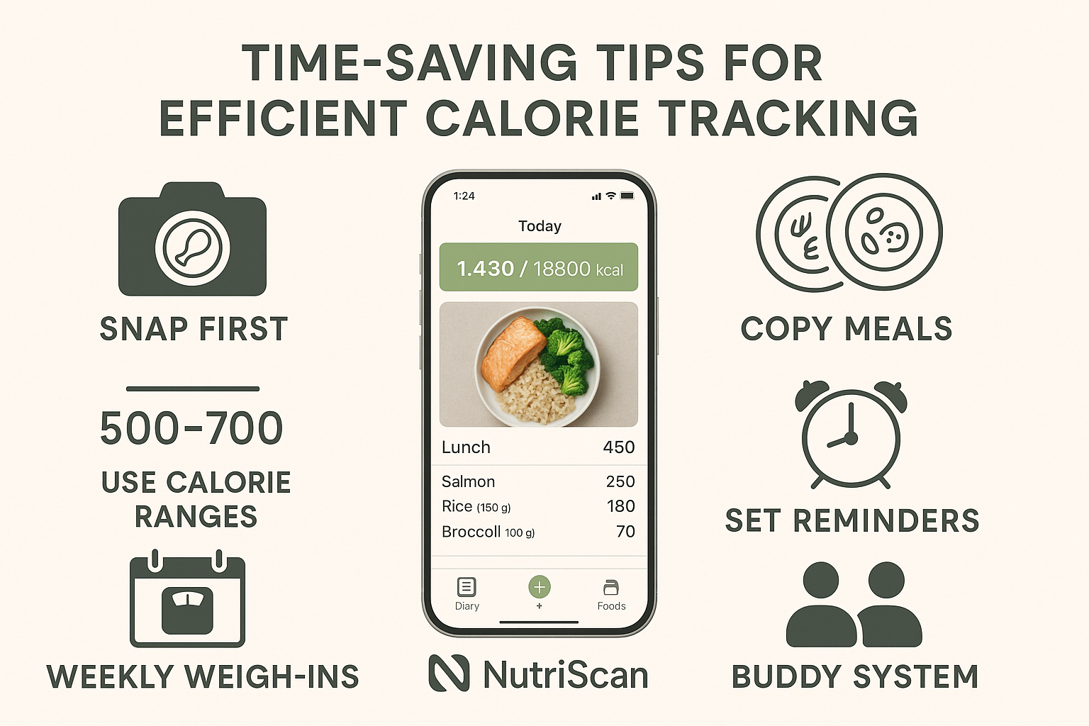 Visual guide with six time-saving tips for efficient calorie tracking using a smartphone app, featuring photo logging and meal copying techniques.