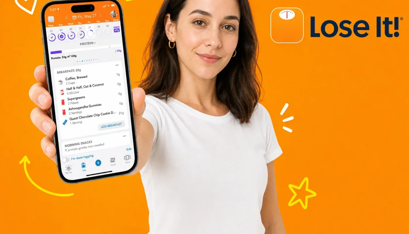 Smartphone with a calorie tracking app beside a fresh healthy meal, representing the best Lose It alternatives in 2026