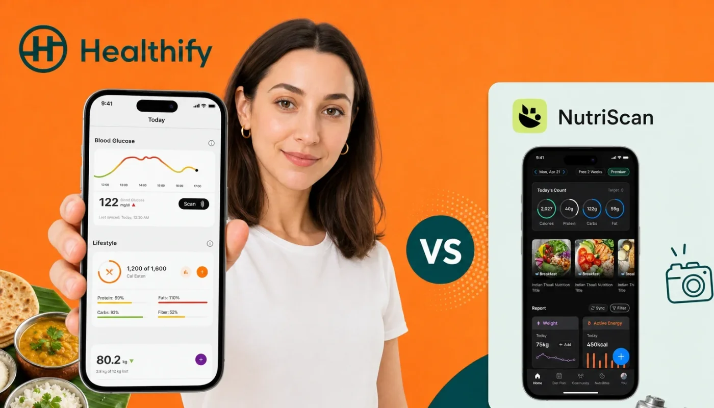 Two smartphones showing food tracking apps beside an Indian thali with dal, roti, and sabzi on a wooden table