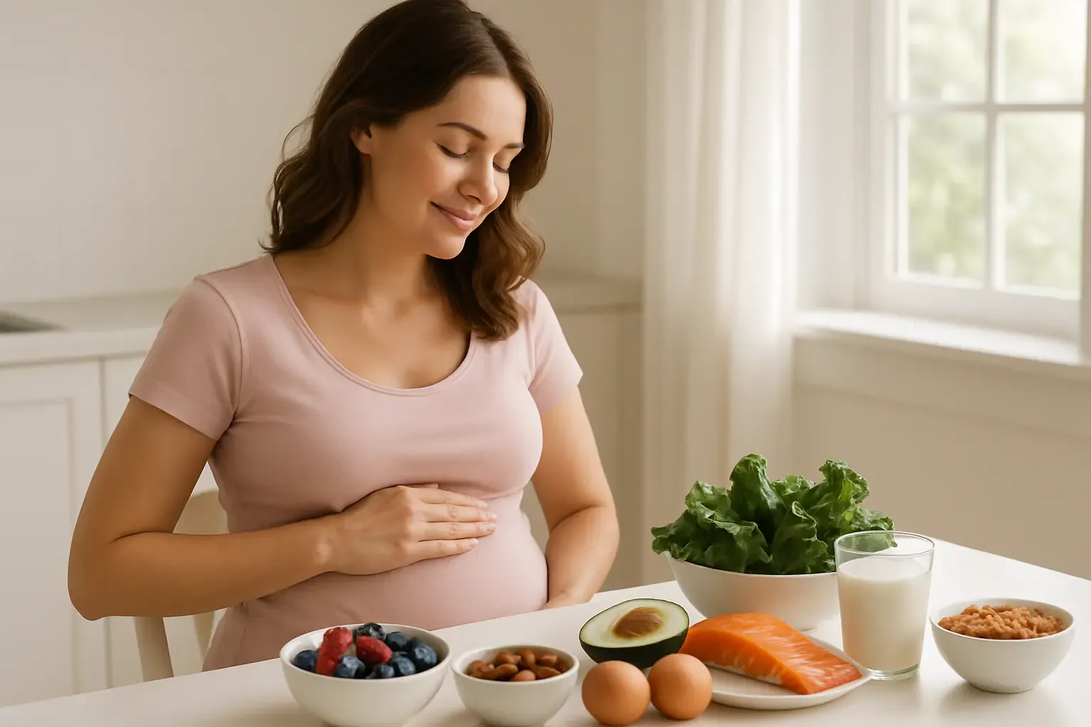 Beautiful pregnant woman touching her belly while looking at healthy pregnancy nutrition foods on a clean white table