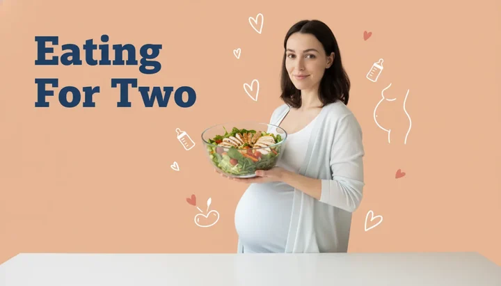 Beautiful pregnant woman touching her belly while looking at healthy pregnancy nutrition foods on a clean white table