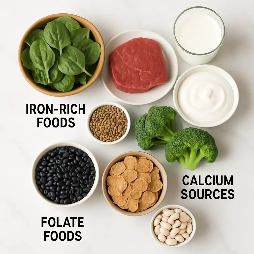 Clean, organized flat lay of different nutrient groups for pregnancy