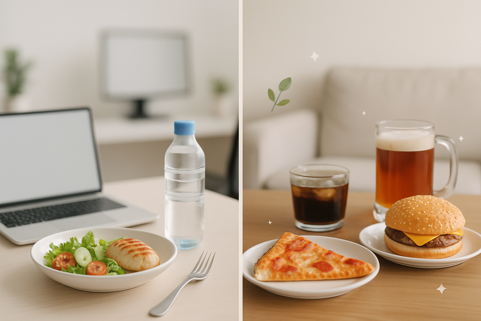 Person looking at unhealthy weekend food choices versus healthy weekday meals, representing the struggle of maintaining diet consistency on weekends