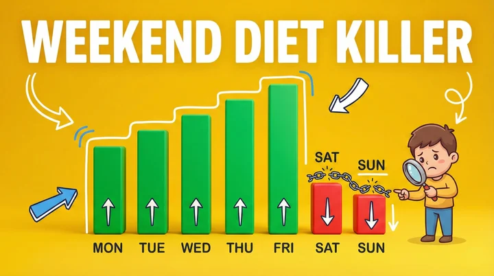 Person looking at unhealthy weekend food choices versus healthy weekday meals, representing the struggle of maintaining diet consistency on weekends