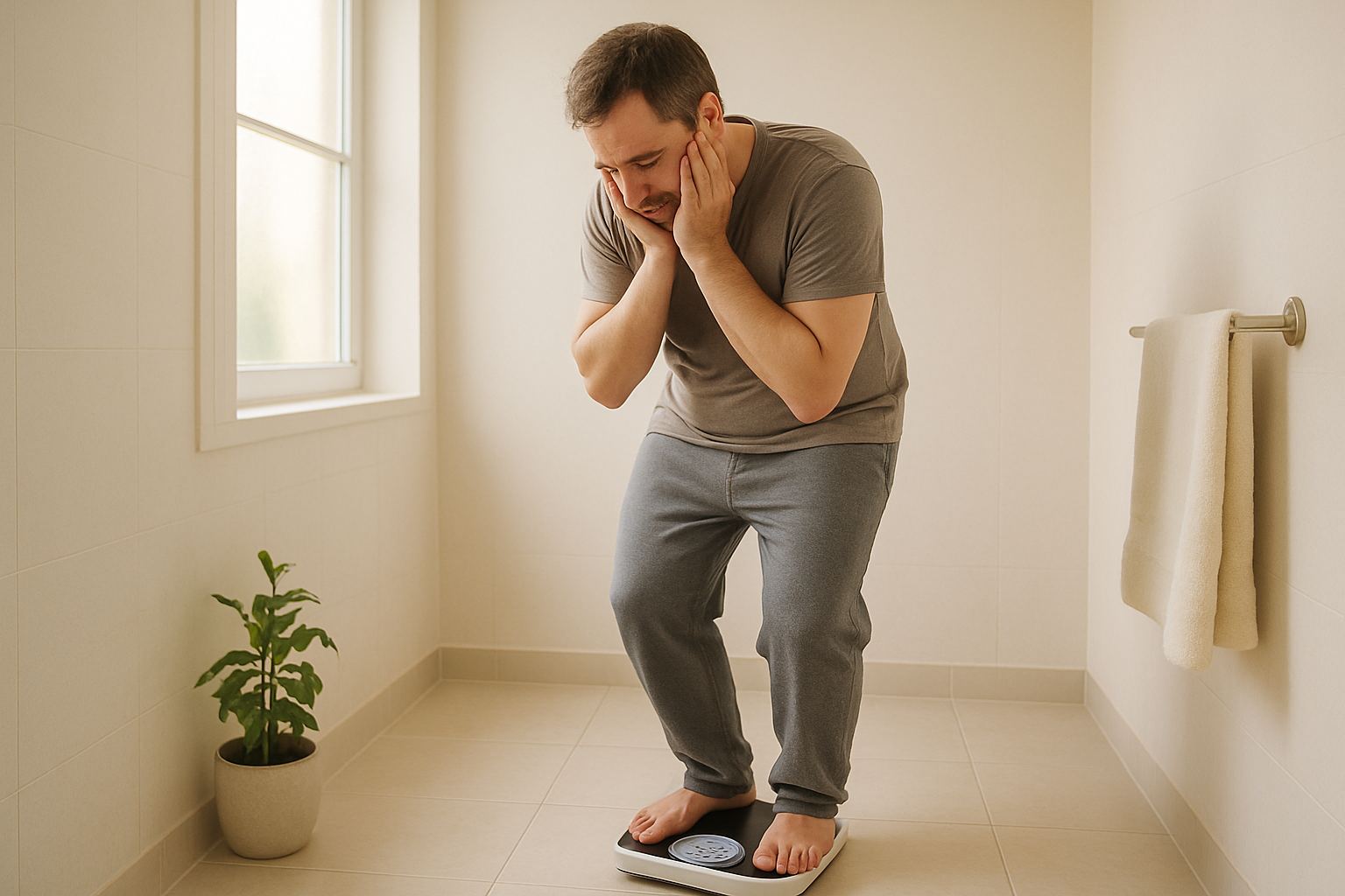 Frustrated person looking at scale showing weekend weight gain, representing Monday morning diet regret