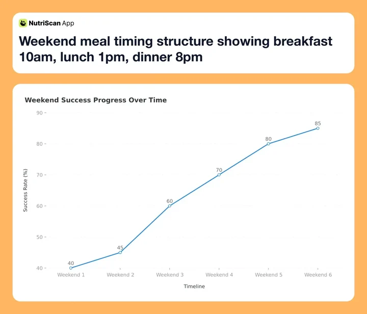 Weekend meal timing structure showing breakfast 10am, lunch 1pm, dinner 8pm