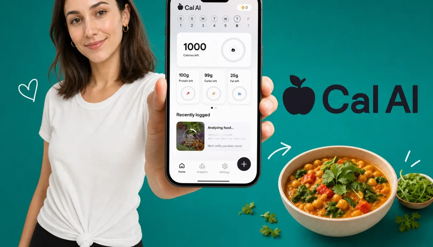 Hand holding a phone scanning a bowl of home-cooked curry with a calorie estimate card and oil-level slider on screen, illustrating the best Cal AI alternatives for 2026