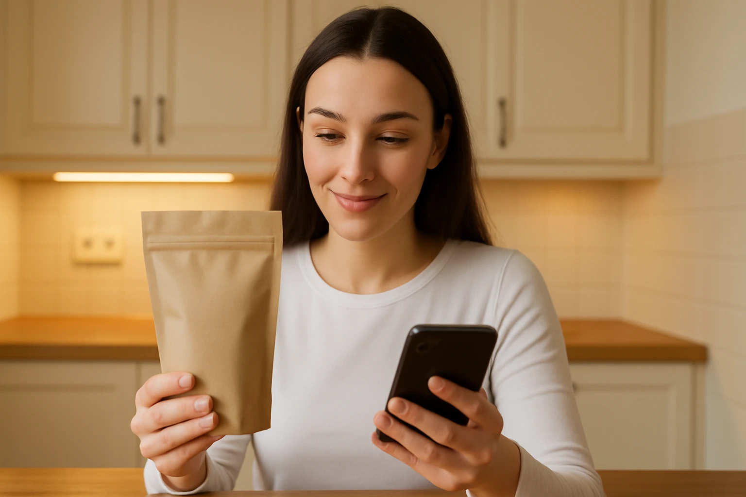 Person at a kitchen counter holding a food pouch in one hand and a phone in the other, checking a scanned entry against the pack before saving it