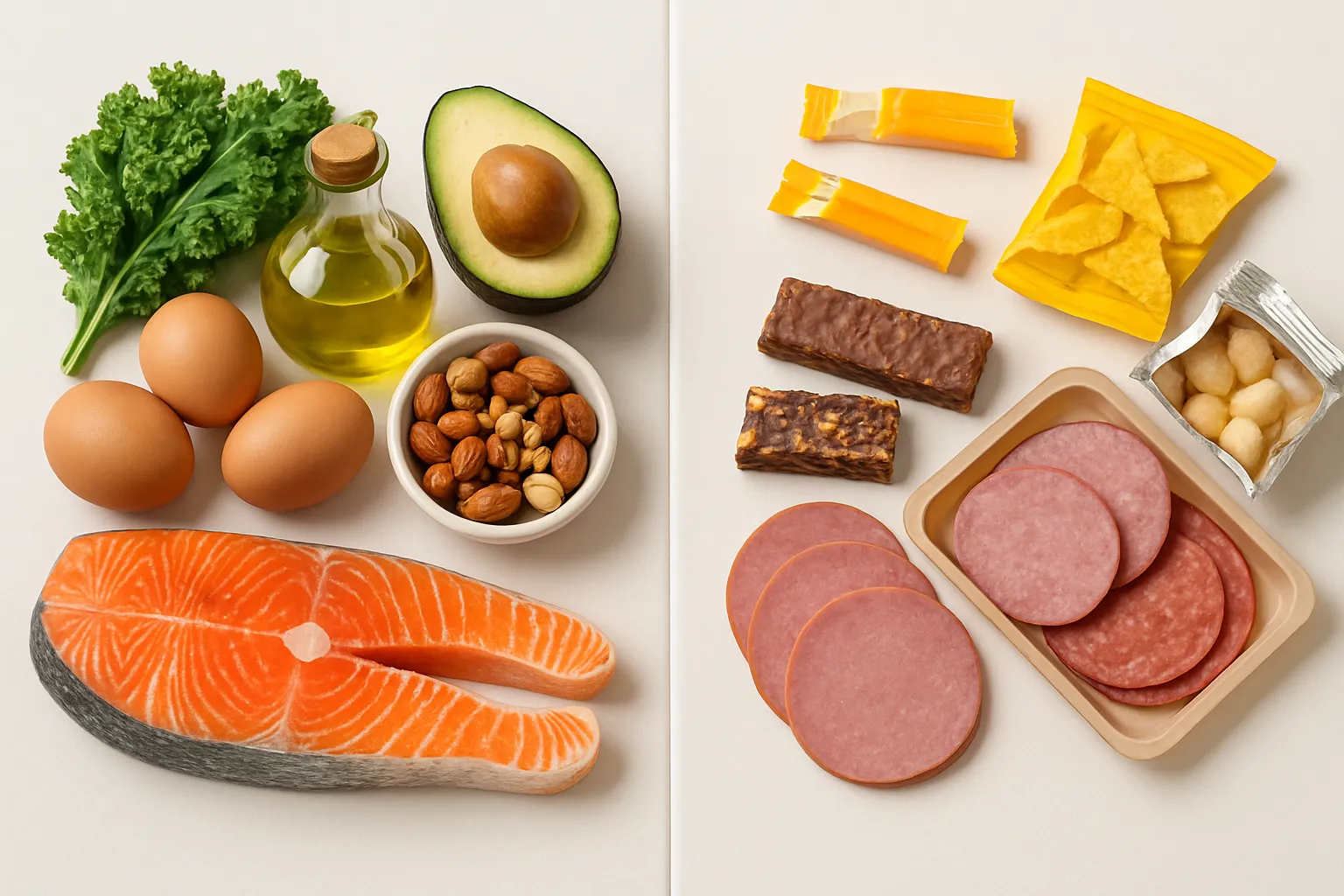 Comparison of healthy vs unhealthy keto food choices showing nutrient density