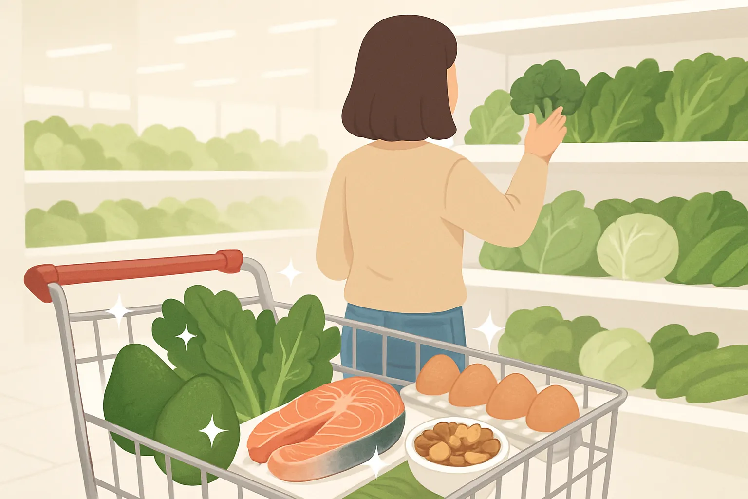 Person shopping in grocery store with keto-friendly foods in cart, representing the journey of building the perfect ketogenic diet grocery list