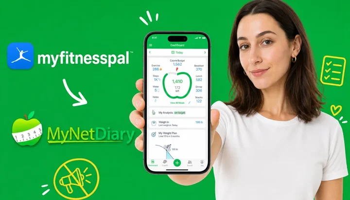 A person holding a phone that shows the MyNetDiary app, with the MyFitnessPal logo and an arrow pointing toward the MyNetDiary logo