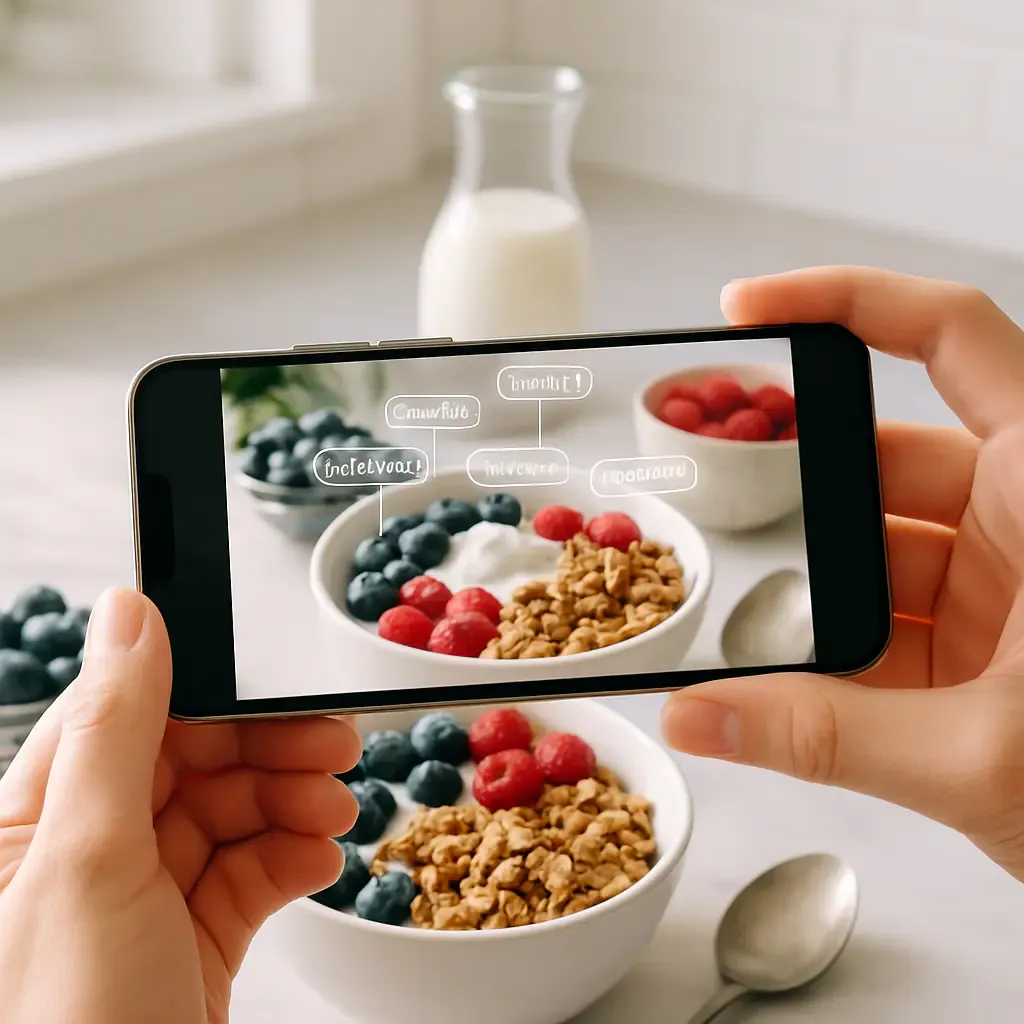Person taking a photo of their breakfast with smartphone showing AI food recognition interface
