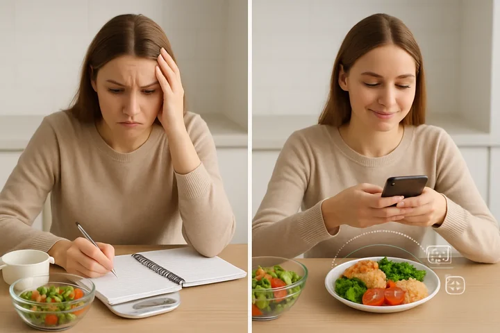 Traditional vs AI Calorie Tracking Comparison showing time and accuracy differences