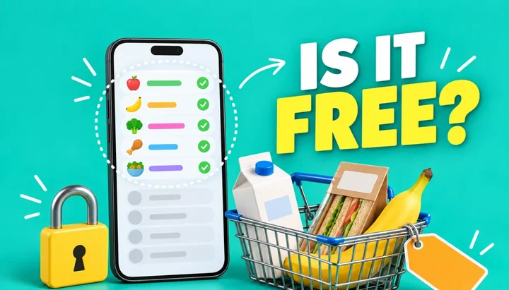 Is it free headline beside a phone food diary with five filled rows and the rest grayed out, a padlock, a shopping basket and a blank price tag, illustrating the Nutracheck Lite plan