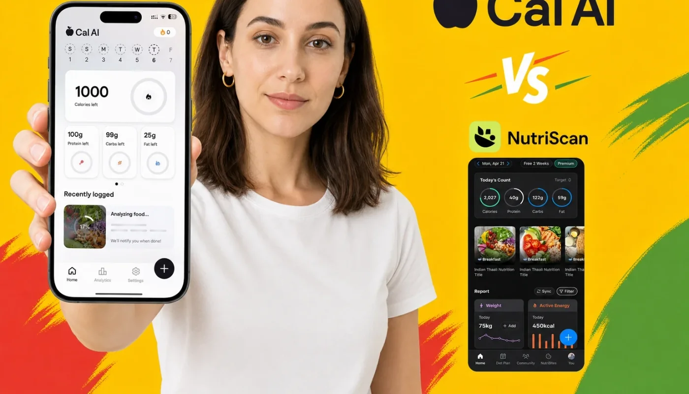 Two smartphones showing nutrition tracking apps side by side, comparing Cal AI vs NutriScan photo scanning features in 2026
