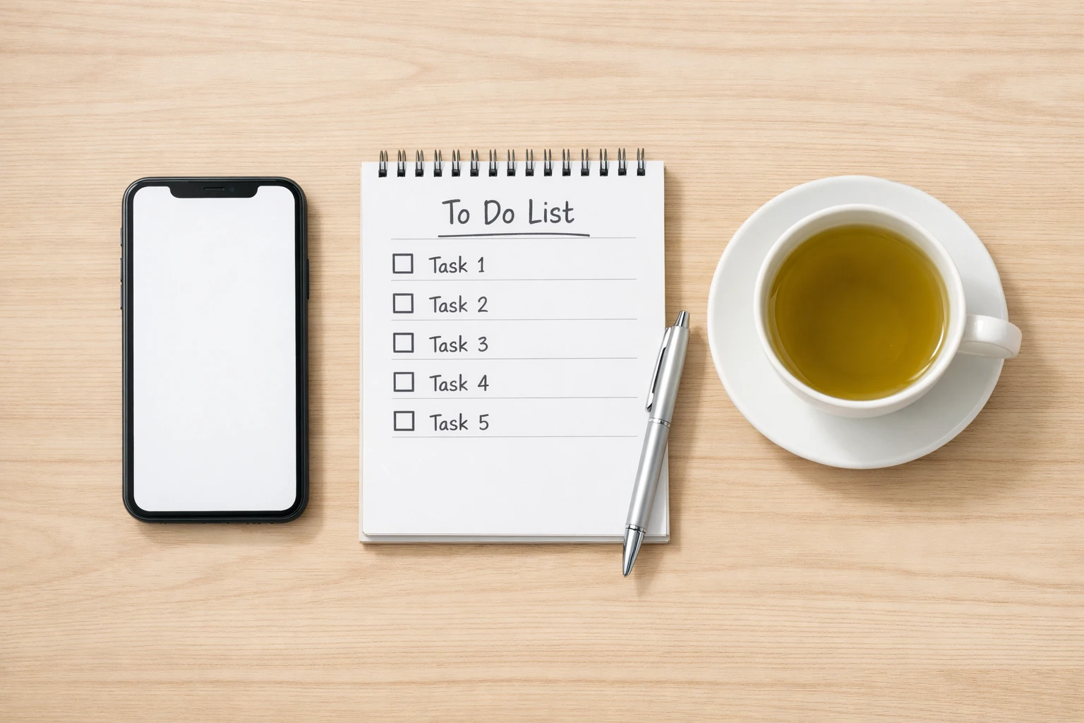 Smartphone next to a notepad with a checklist and green tea on a light wood desk