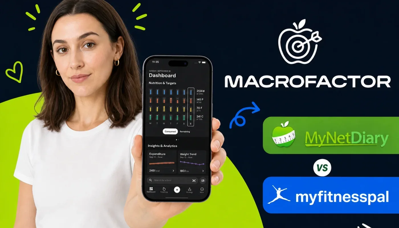 Two smartphones displaying macro tracking apps side by side with nutrition charts and colorful fitness icons