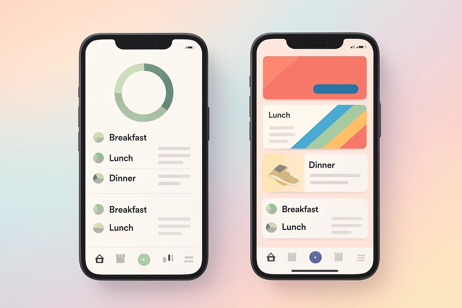 Two smartphone screens side by side - left shows a clean minimal health app, right shows an interface with banner ads overlapping the food diary