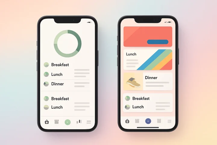 Two smartphone screens side by side - left shows a clean minimal health app, right shows an interface with banner ads overlapping the food diary