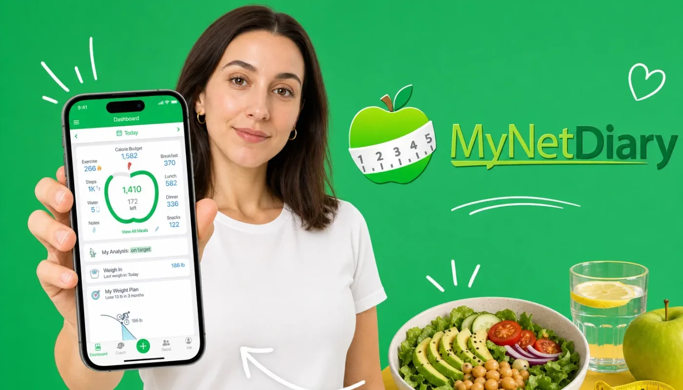 Two people comparing calorie tracking apps on their phones in a modern kitchen, representing the MyNetDiary vs MyFitnessPal decision
